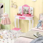 Coiffeuse enfant Costway et ensemble tabouret avec joli motif à pois, miroir triptyque, tiroir Rose et blanc/Rose clair et blanc/Rose et noir/Bleu/Rose