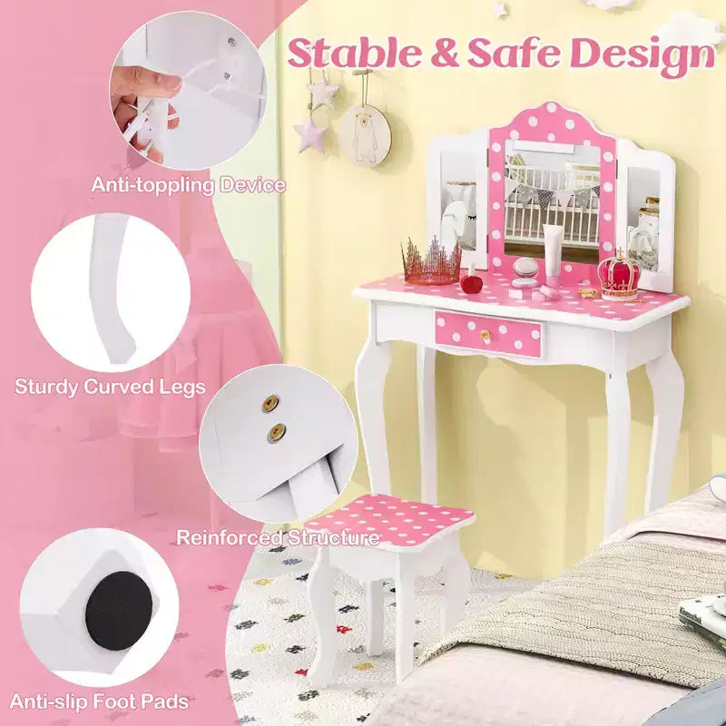 Coiffeuse enfant Costway et ensemble tabouret avec joli motif à pois, miroir triptyque, tiroir Rose et blanc/Rose clair et blanc/Rose et noir/Bleu/Rose