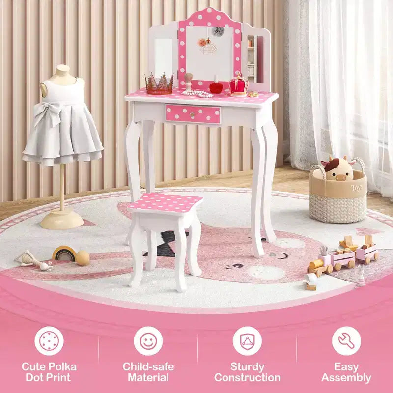 Coiffeuse enfant Costway et ensemble tabouret avec joli motif à pois, miroir triptyque, tiroir Rose et blanc/Rose clair et blanc/Rose et noir/Bleu/Rose
