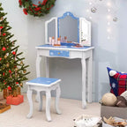 Coiffeuse enfant Costway et ensemble tabouret avec joli motif à pois, miroir triptyque, tiroir Rose et blanc/Rose clair et blanc/Rose et noir/Bleu/Rose