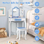 Coiffeuse enfant Costway et ensemble tabouret avec joli motif à pois, miroir triptyque, tiroir Rose et blanc/Rose clair et blanc/Rose et noir/Bleu/Rose