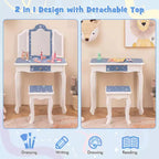 Coiffeuse enfant Costway et ensemble tabouret avec joli motif à pois, miroir triptyque, tiroir Rose et blanc/Rose clair et blanc/Rose et noir/Bleu/Rose