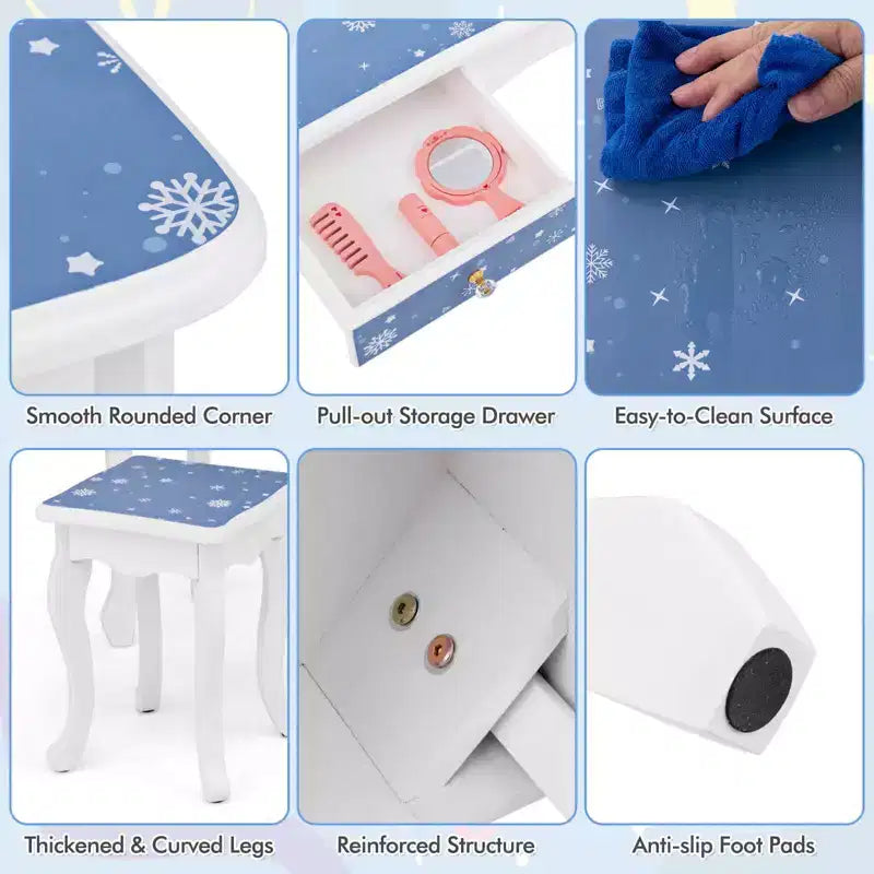 Coiffeuse enfant Costway et ensemble tabouret avec joli motif à pois, miroir triptyque, tiroir Rose et blanc/Rose clair et blanc/Rose et noir/Bleu/Rose
