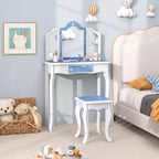 Costway Kids Vanity Table & Stool Set with Cute Polka Dot Print Tri-folding Mirror Drawer Pink&White/Light Pink&White/Pink&Black/Blue/Pink