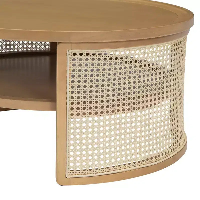 Table Basse Ronde en Bois d'Hévéa à 2 Niveaux de 79,5 cm de Large avec Base en Rotin et Rangement 4B - ModernLuxe
