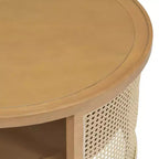 Table Basse Ronde en Bois d'Hévéa à 2 Niveaux de 79,5 cm de Large avec Base en Rotin et Rangement 4B - ModernLuxe
