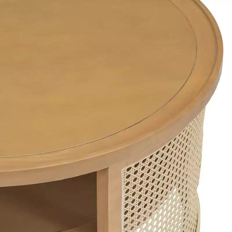 Table Basse Ronde en Bois d'Hévéa à 2 Niveaux de 79,5 cm de Large avec Base en Rotin et Rangement 4B - ModernLuxe
