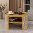Table Basse Ronde en Bois d'Hévéa à 2 Niveaux de 79,5 cm de Large avec Base en Rotin et Rangement 4B - ModernLuxe