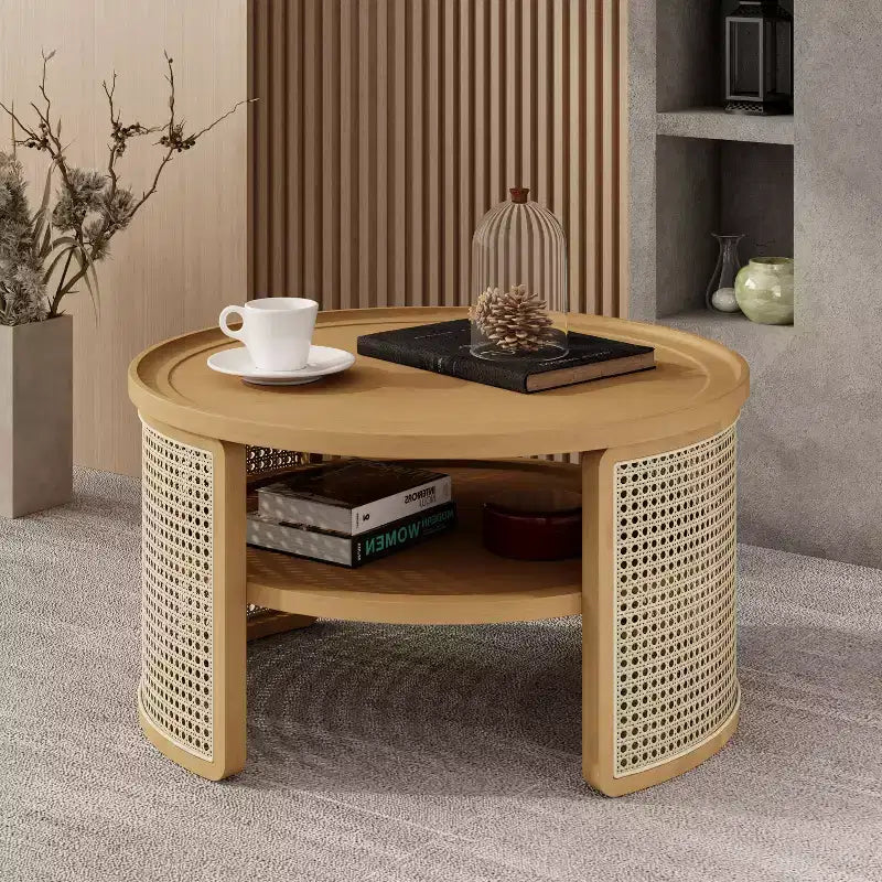 Table Basse Ronde en Bois d'Hévéa à 2 Niveaux de 79,5 cm de Large avec Base en Rotin et Rangement 4B - ModernLuxe