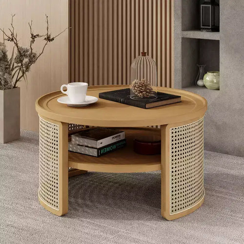 Table Basse Ronde en Bois d'Hévéa à 2 Niveaux de 79,5 cm de Large avec Base en Rotin et Rangement 4B - ModernLuxe