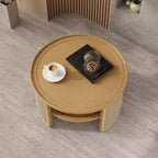 Table Basse Ronde en Bois d'Hévéa à 2 Niveaux de 79,5 cm de Large avec Base en Rotin et Rangement 4B - ModernLuxe
