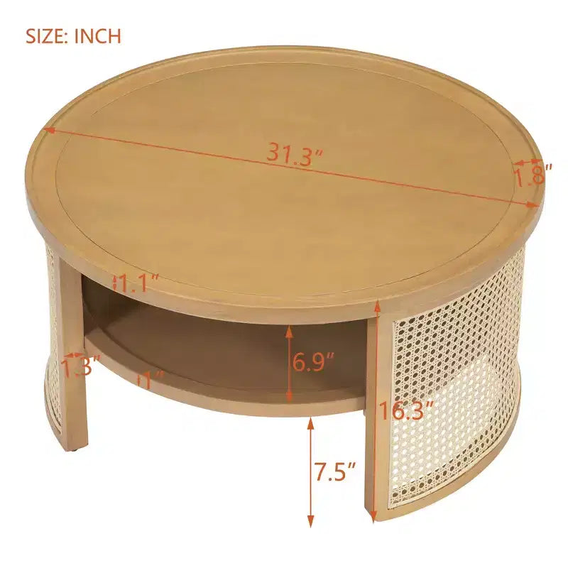 Table Basse Ronde en Bois d'Hévéa à 2 Niveaux de 79,5 cm de Large avec Base en Rotin et Rangement 4B - ModernLuxe