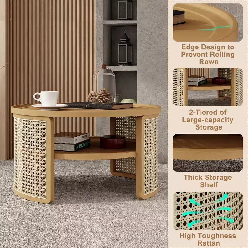 Table Basse Ronde en Bois d'Hévéa à 2 Niveaux de 79,5 cm de Large avec Base en Rotin et Rangement 4B - ModernLuxe