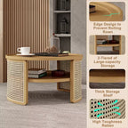 Table Basse Ronde en Bois d'Hévéa à 2 Niveaux de 79,5 cm de Large avec Base en Rotin et Rangement 4B - ModernLuxe