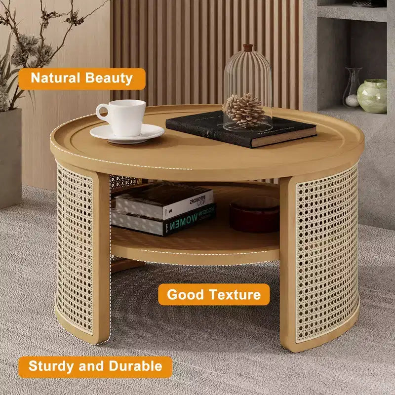 Table Basse Ronde en Bois d'Hévéa à 2 Niveaux de 79,5 cm de Large avec Base en Rotin et Rangement 4B - ModernLuxe
