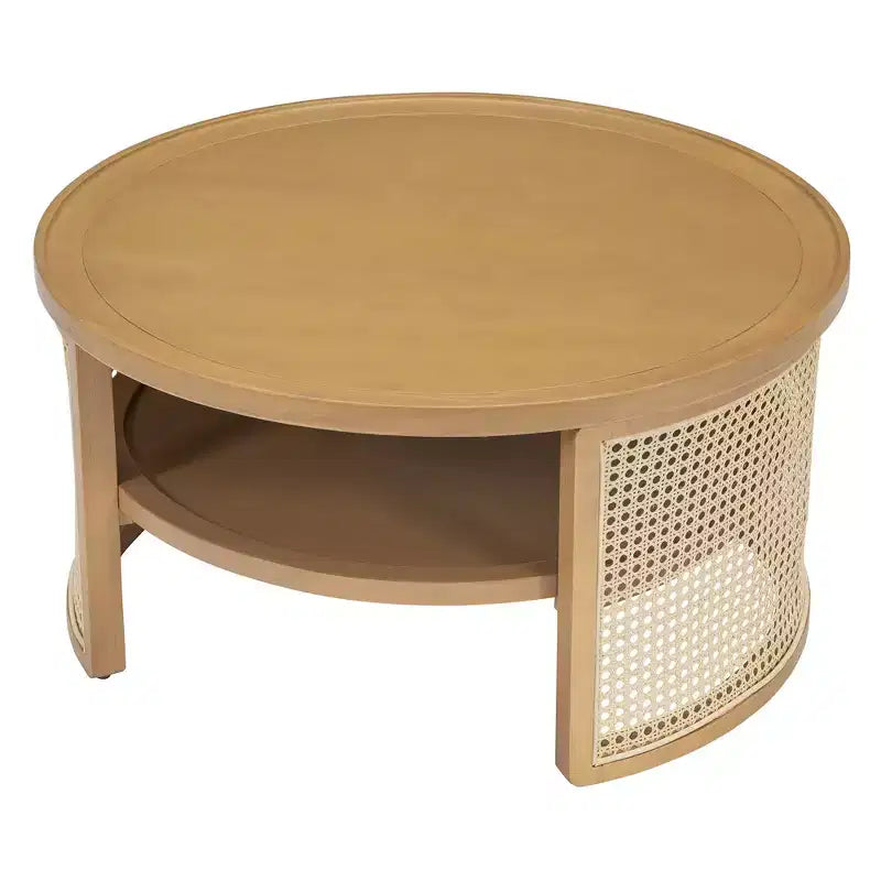 Table Basse Ronde en Bois d'Hévéa à 2 Niveaux de 79,5 cm de Large avec Base en Rotin et Rangement 4B - ModernLuxe