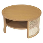 Table Basse Ronde en Bois d'Hévéa à 2 Niveaux de 79,5 cm de Large avec Base en Rotin et Rangement 4B - ModernLuxe