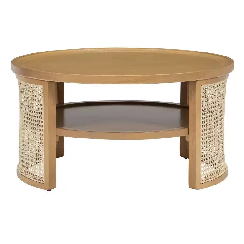 Table Basse Ronde en Bois d'Hévéa à 2 Niveaux de 79,5 cm de Large avec Base en Rotin et Rangement 4B - ModernLuxe
