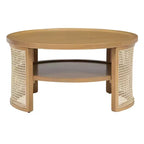 Table Basse Ronde en Bois d'Hévéa à 2 Niveaux de 79,5 cm de Large avec Base en Rotin et Rangement 4B - ModernLuxe