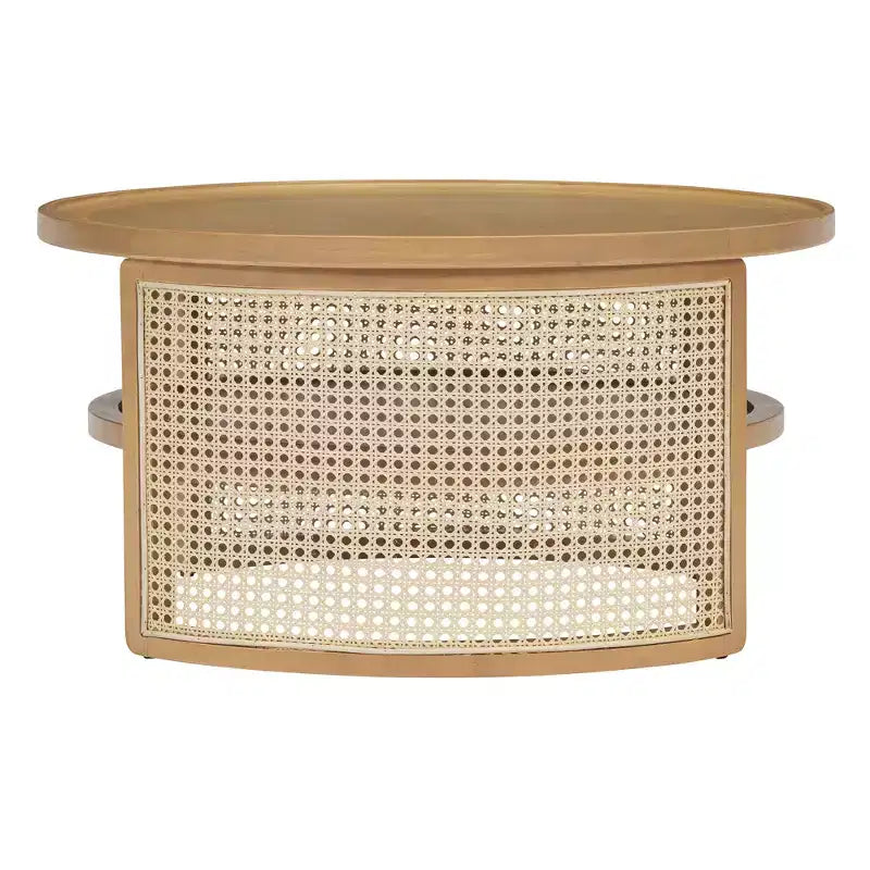 Table Basse Ronde en Bois d'Hévéa à 2 Niveaux de 79,5 cm de Large avec Base en Rotin et Rangement 4B - ModernLuxe