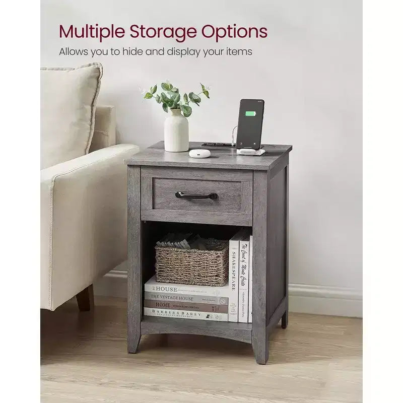 VASAGLE Table de Chevet de Ferme avec Station de Recharge, Table de Nuit avec Tiroir pour Chambre