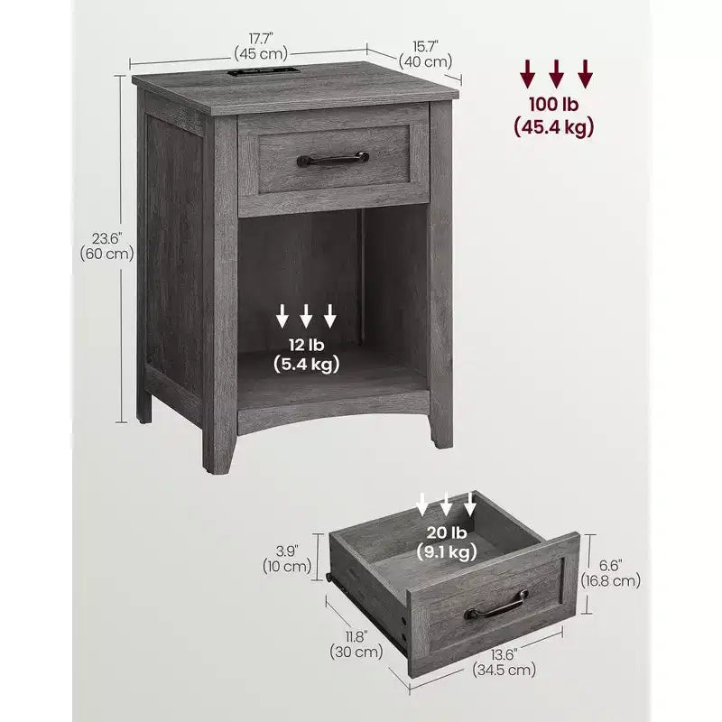VASAGLE Table de Chevet de Ferme avec Station de Recharge, Table de Nuit avec Tiroir pour Chambre