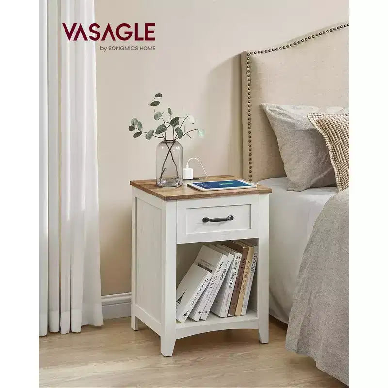 VASAGLE Table de Chevet de Ferme avec Station de Recharge, Table de Nuit avec Tiroir pour Chambre