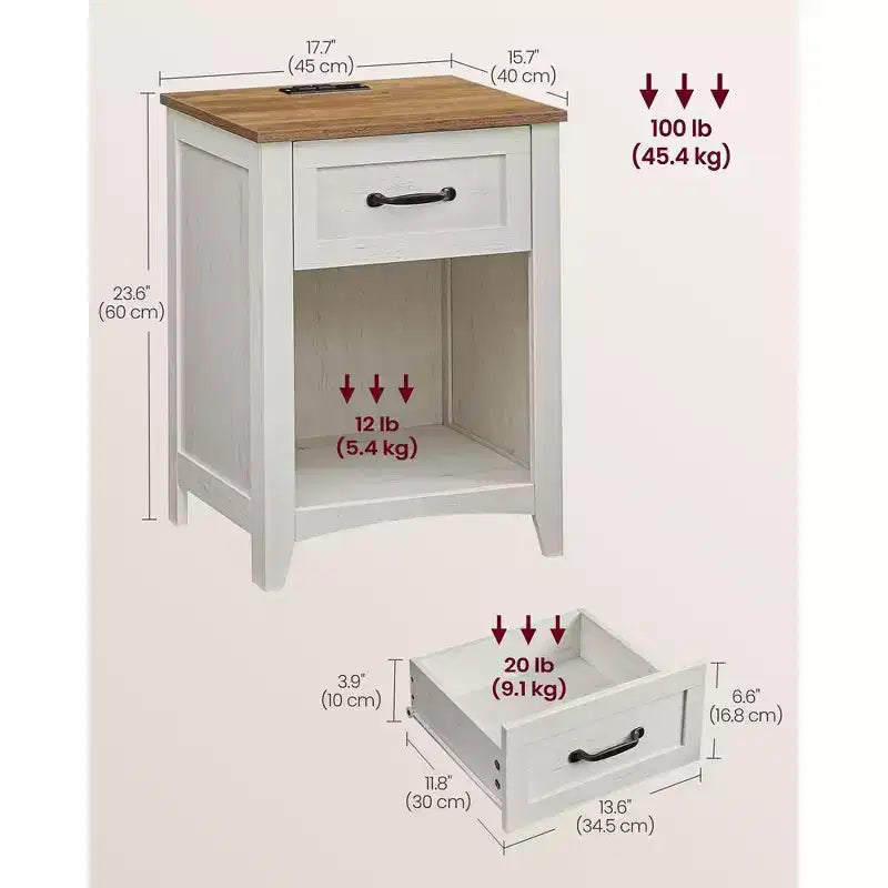 VASAGLE Table de Chevet de Ferme avec Station de Recharge, Table de Nuit avec Tiroir pour Chambre