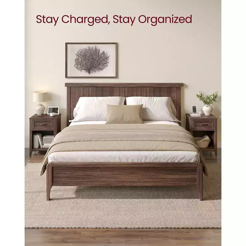 VASAGLE Table de Chevet de Ferme avec Station de Recharge, Table de Nuit avec Tiroir pour Chambre