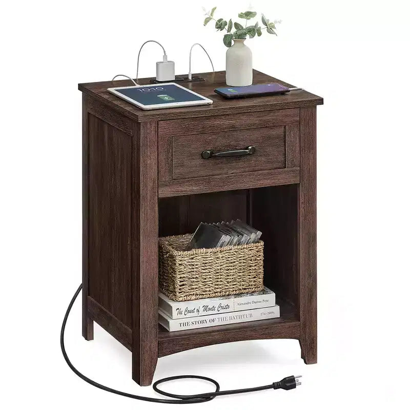 VASAGLE Farmhouse Nightstand with Charging Station, Bedside Table with Drawer for Bedroom