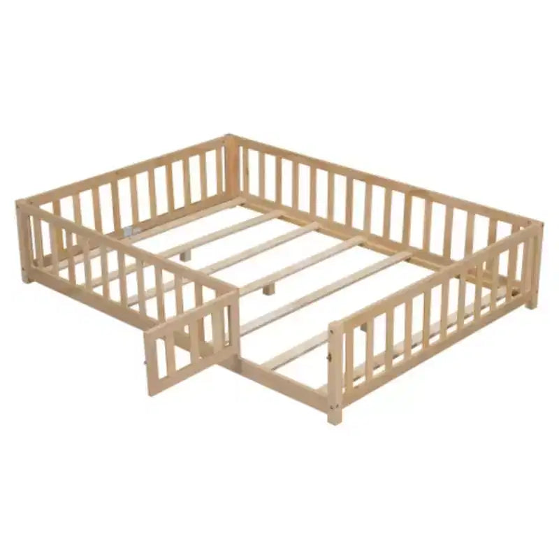 Lit au sol pleine grandeur avec clôture et porte, cadre de lit en bois avec lattes de support pour meubles de chambre de garçons et filles, facile à assembler