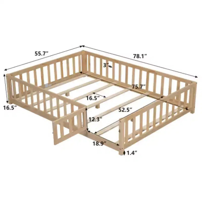 Lit au sol pleine grandeur avec clôture et porte, cadre de lit en bois avec lattes de support pour meubles de chambre de garçons et filles, facile à assembler