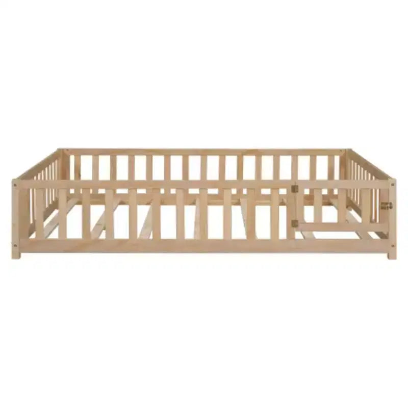 Lit au sol pleine grandeur avec clôture et porte, cadre de lit en bois avec lattes de support pour meubles de chambre de garçons et filles, facile à assembler