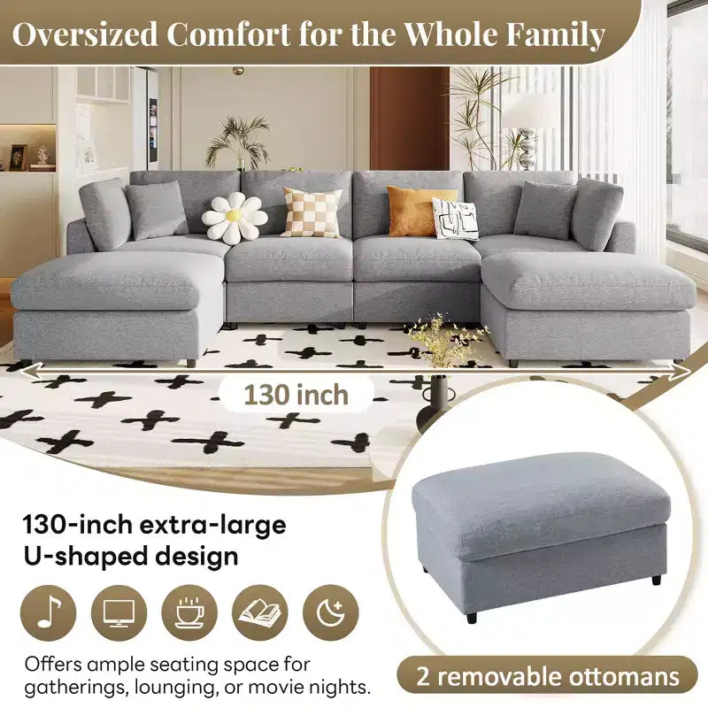 Canapé d'angle modulable 128,2W, ensemble canapé convertible en U avec poufs amovibles 4S - ModernLuxe