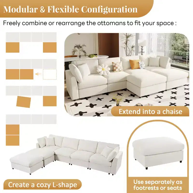 Canapé d'angle modulable 128,2W, ensemble canapé convertible en U avec poufs amovibles 4S - ModernLuxe