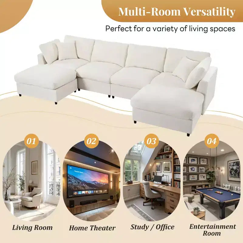 Canapé d'angle modulable 128,2W, ensemble canapé convertible en U avec poufs amovibles 4S - ModernLuxe