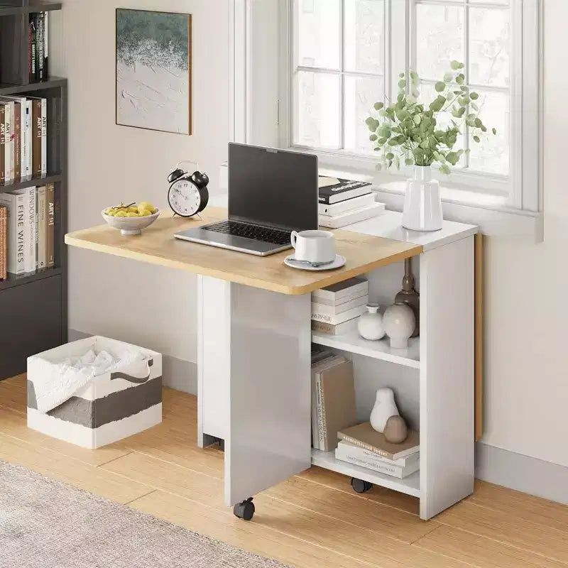Table à manger pliante, table de salle à manger à abattants avec 6 roulettes et étagère de rangement à 2 niveaux, table à manger peu encombrante pour les petits espaces