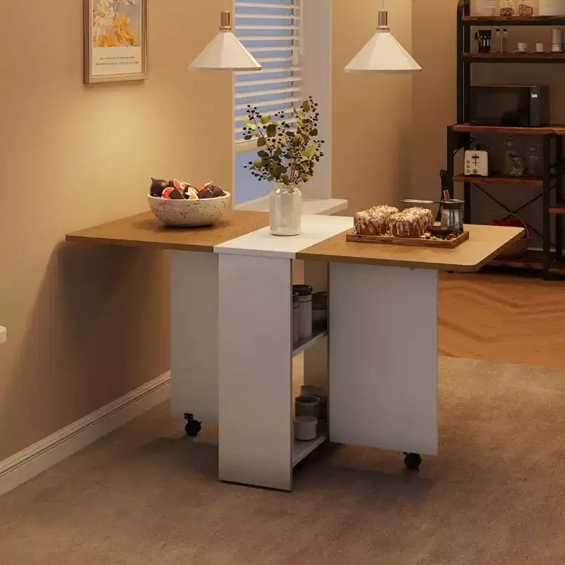 Table à manger pliante, table de salle à manger à abattants avec 6 roulettes et étagère de rangement à 2 niveaux, table à manger peu encombrante pour les petits espaces