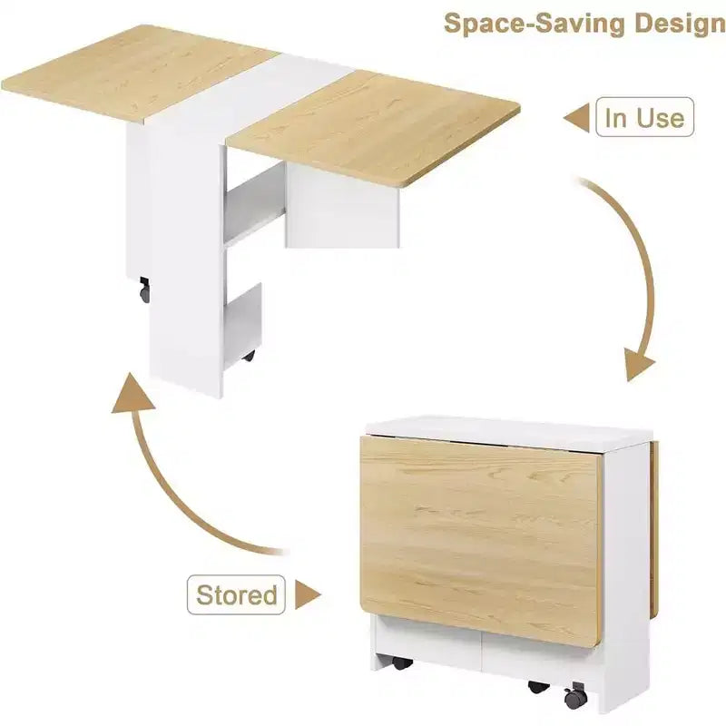 Table à manger pliante, table de salle à manger à abattants avec 6 roulettes et étagère de rangement à 2 niveaux, table à manger peu encombrante pour les petits espaces