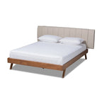 Lit Brita moderne du milieu du siècle en tissu beige clair avec cadre en bois finition noyer