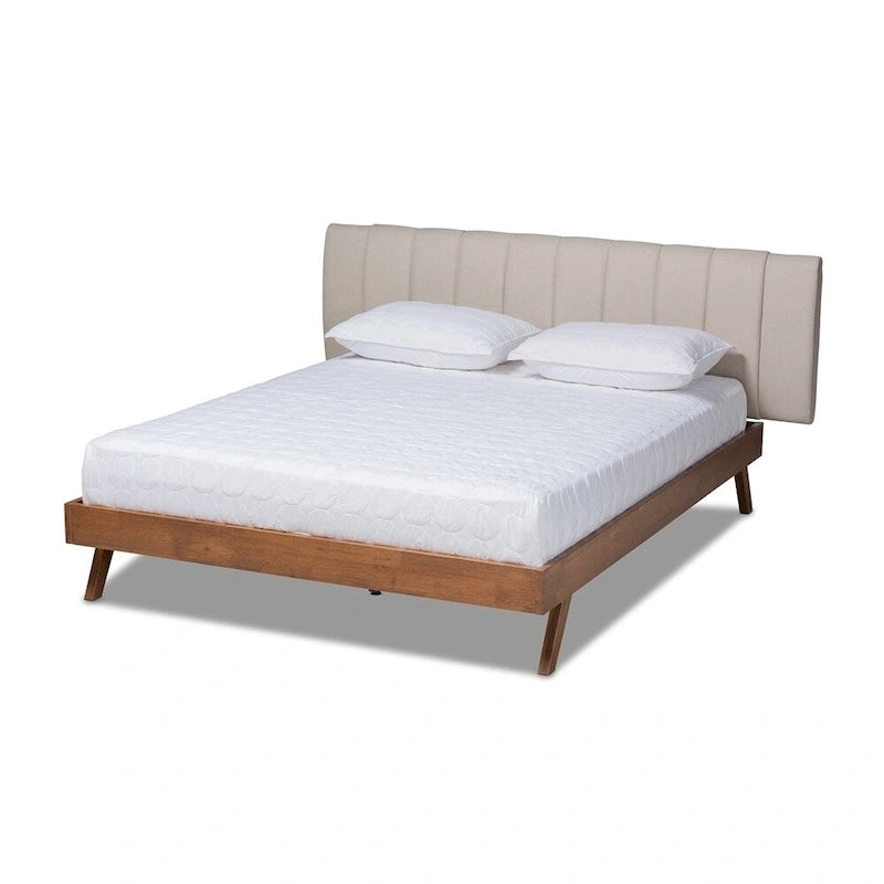 Lit Brita moderne du milieu du siècle en tissu beige clair avec cadre en bois finition noyer
