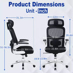 FDW Fauteuil de bureau grand et robuste, chaise de bureau et canapé avec support lombaire, accoudoirs relevables, appuie-tête, chaise ergonomique en maille à dossier haut, Noir