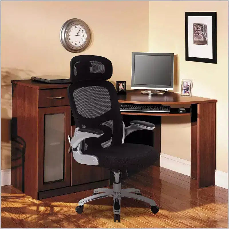 FDW Fauteuil de bureau grand et robuste, chaise de bureau et canapé avec support lombaire, accoudoirs relevables, appuie-tête, chaise ergonomique en maille à dossier haut, Noir