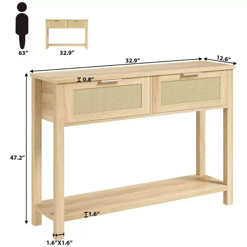Table d'entrée avec 2 tiroirs, console pour entrée, table de canapé en bois avec rangement, console bohème pour salon, table de hall d'entrée