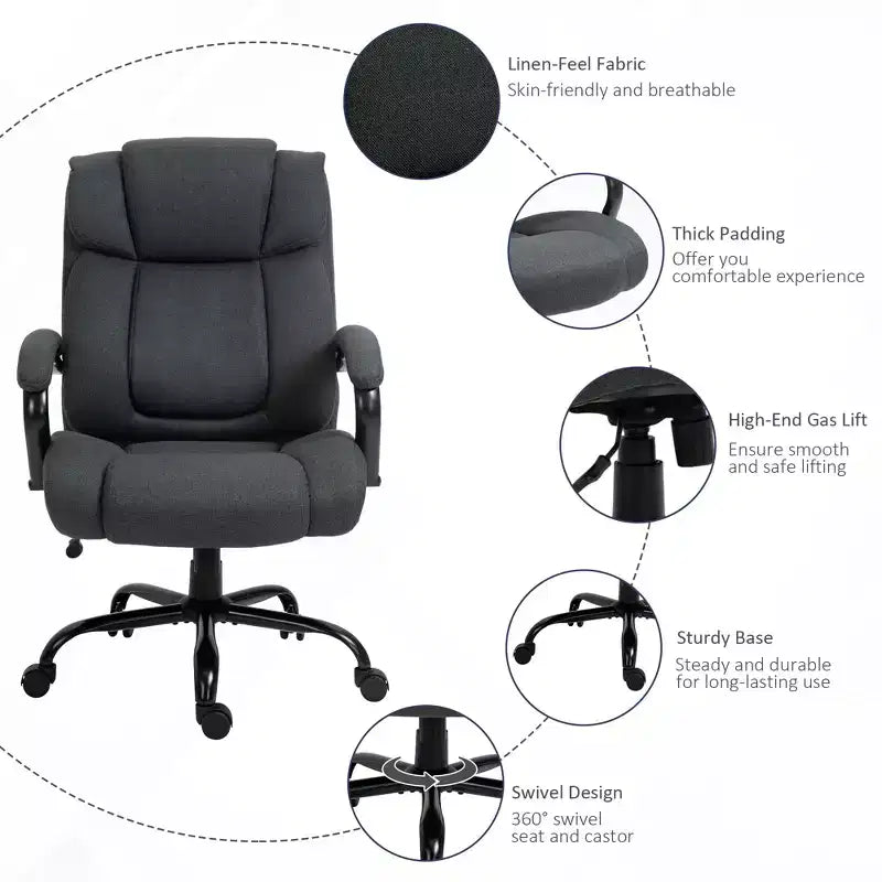 Fauteuil de bureau exécutif Vinsetto dossier haut, grande taille et robuste 220 kg avec siège large, chaise de bureau d'ordinateur en tissu de lin avec roulettes pivotantes
