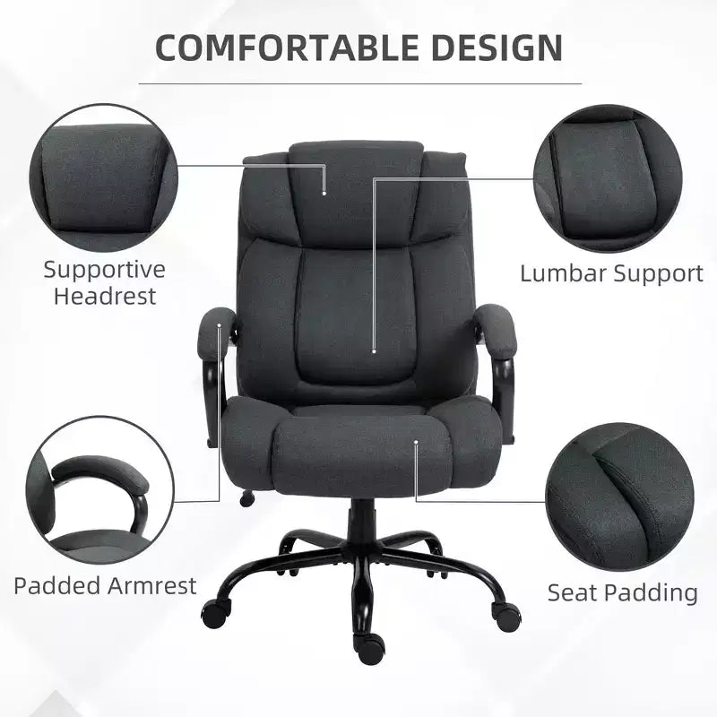 Fauteuil de bureau exécutif Vinsetto dossier haut, grande taille et robuste 220 kg avec siège large, chaise de bureau d'ordinateur en tissu de lin avec roulettes pivotantes