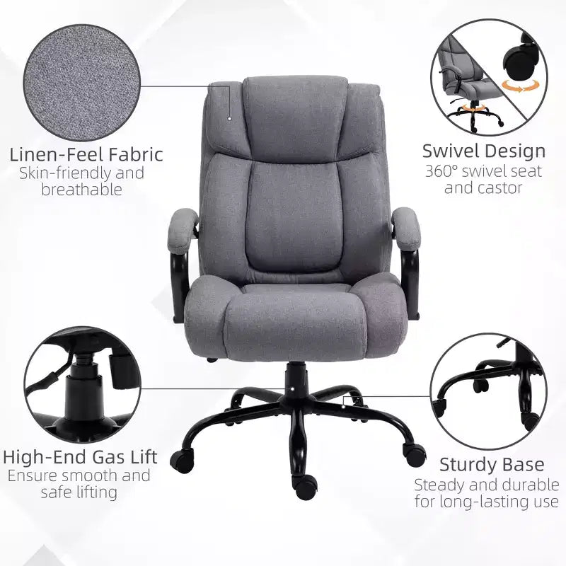 Fauteuil de bureau exécutif Vinsetto dossier haut, grande taille et robuste 220 kg avec siège large, chaise de bureau d'ordinateur en tissu de lin avec roulettes pivotantes