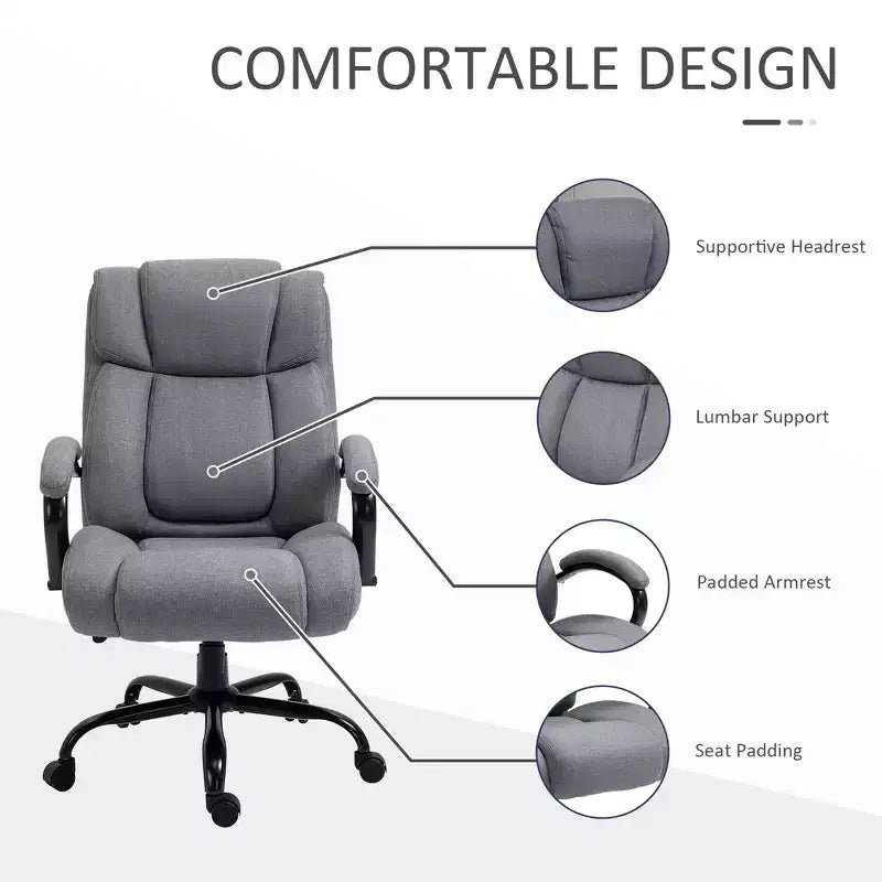 Fauteuil de bureau exécutif Vinsetto dossier haut, grande taille et robuste 220 kg avec siège large, chaise de bureau d'ordinateur en tissu de lin avec roulettes pivotantes