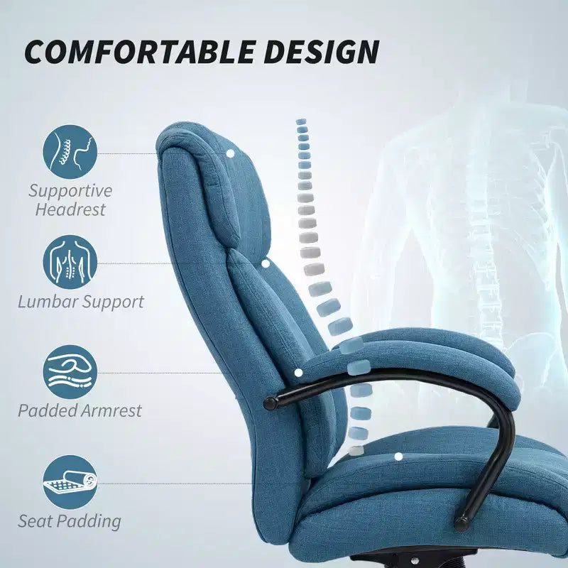 Fauteuil de bureau exécutif Vinsetto dossier haut, grande taille et robuste 220 kg avec siège large, chaise de bureau d'ordinateur en tissu de lin avec roulettes pivotantes