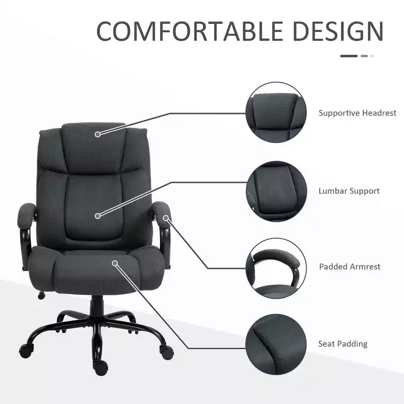 Fauteuil de bureau exécutif Vinsetto dossier haut, grande taille et robuste 220 kg avec siège large, chaise de bureau d'ordinateur en tissu de lin avec roulettes pivotantes